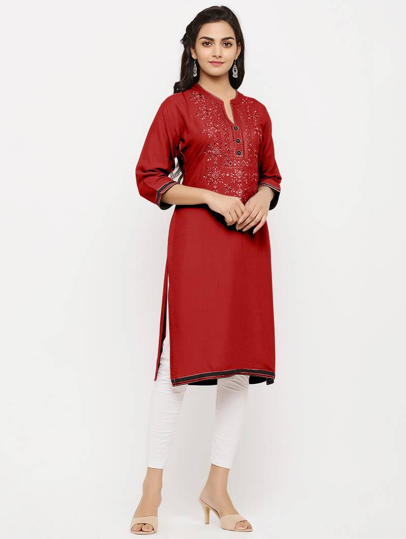 Women's  Maroon Rayon Embroidered Straight Kurta