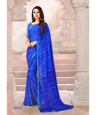 Blue printed Chiffon saree with blouse 1