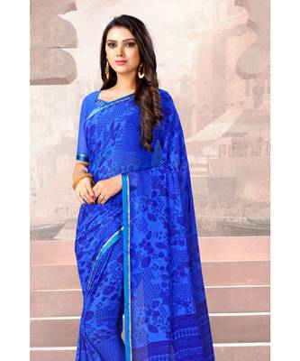 Blue printed Chiffon saree with blouse 2
