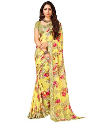 Yellow printed Chiffon saree with blouse 1