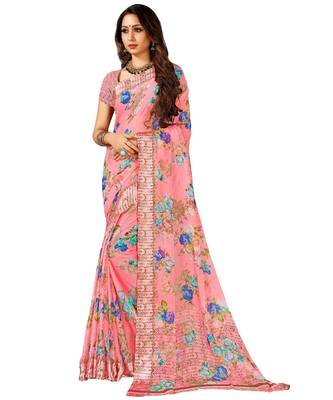 Pink printed Chiffon saree with blouse 1