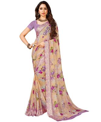 Beige printed Chiffon saree with blouse 1