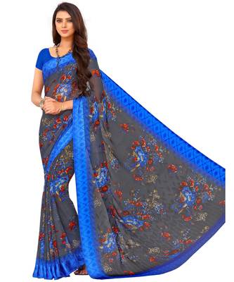 Grey printed Chiffon  saree with blouse 1