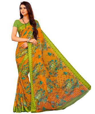 Gold printed Chiffon  saree with blouse 1