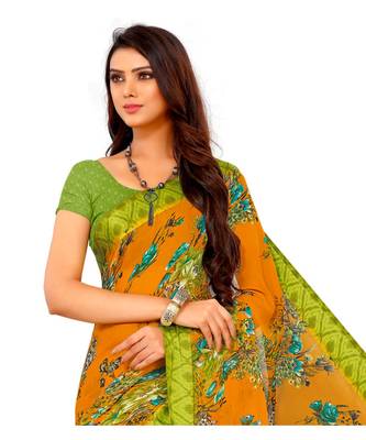 Gold printed Chiffon  saree with blouse 2