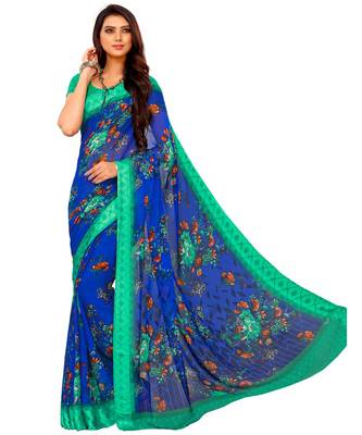 Blue printed Chiffon  saree with blouse 1