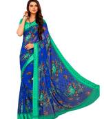 Blue printed Chiffon  saree with blouse