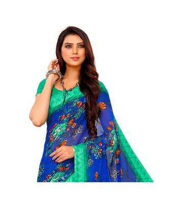 Blue printed Chiffon  saree with blouse 2