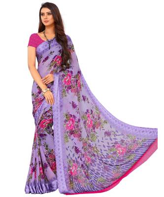 Blue printed Chiffon  saree with blouse 1
