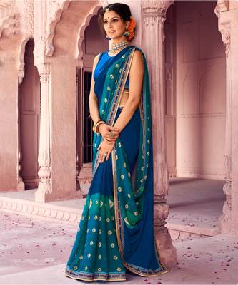Blue printed Chiffon saree with blouse 1