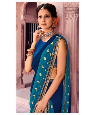 Blue printed Chiffon saree with blouse 2