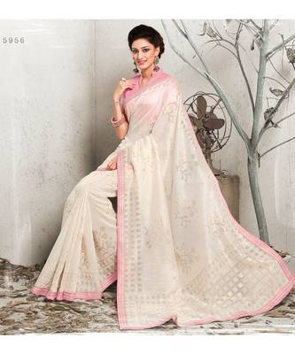 Cream printed linen saree with blouse 2
