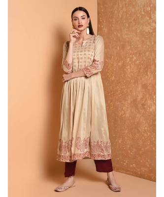 Beige Hand Block Print Kurta Set 1