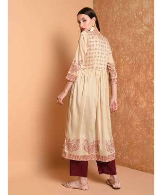 Beige Hand Block Print Kurta Set 2