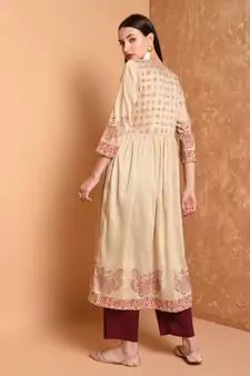 Beige Hand Block Print Kurta Set
