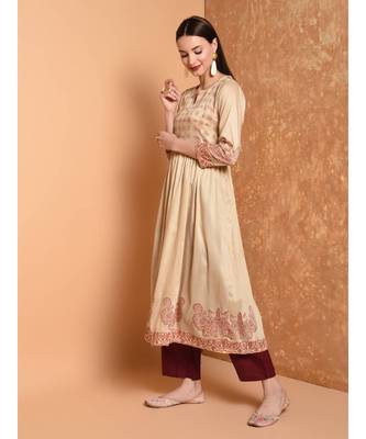 Beige Hand Block Print Kurta Set 3