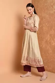 Beige Hand Block Print Kurta Set