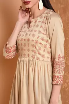 Beige Hand Block Print Kurta Set