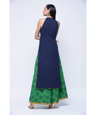 Blue Without Sleeves Kurta Skirt Set 2