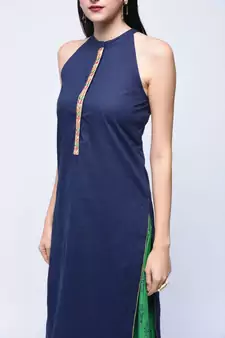 Blue Without Sleeves Kurta Skirt Set