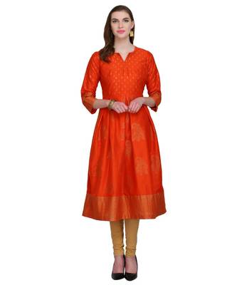 Orange Silk Blend Hand Block Print Kurta Set 1