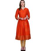Orange Silk Blend Hand Block Print Kurta Set