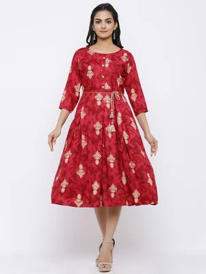 Women's Rayon Printed A-line Kurta Dress (Red) 1