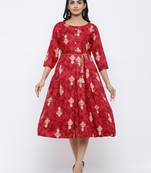 Women's Rayon Printed A-line Kurta Dress (Red)