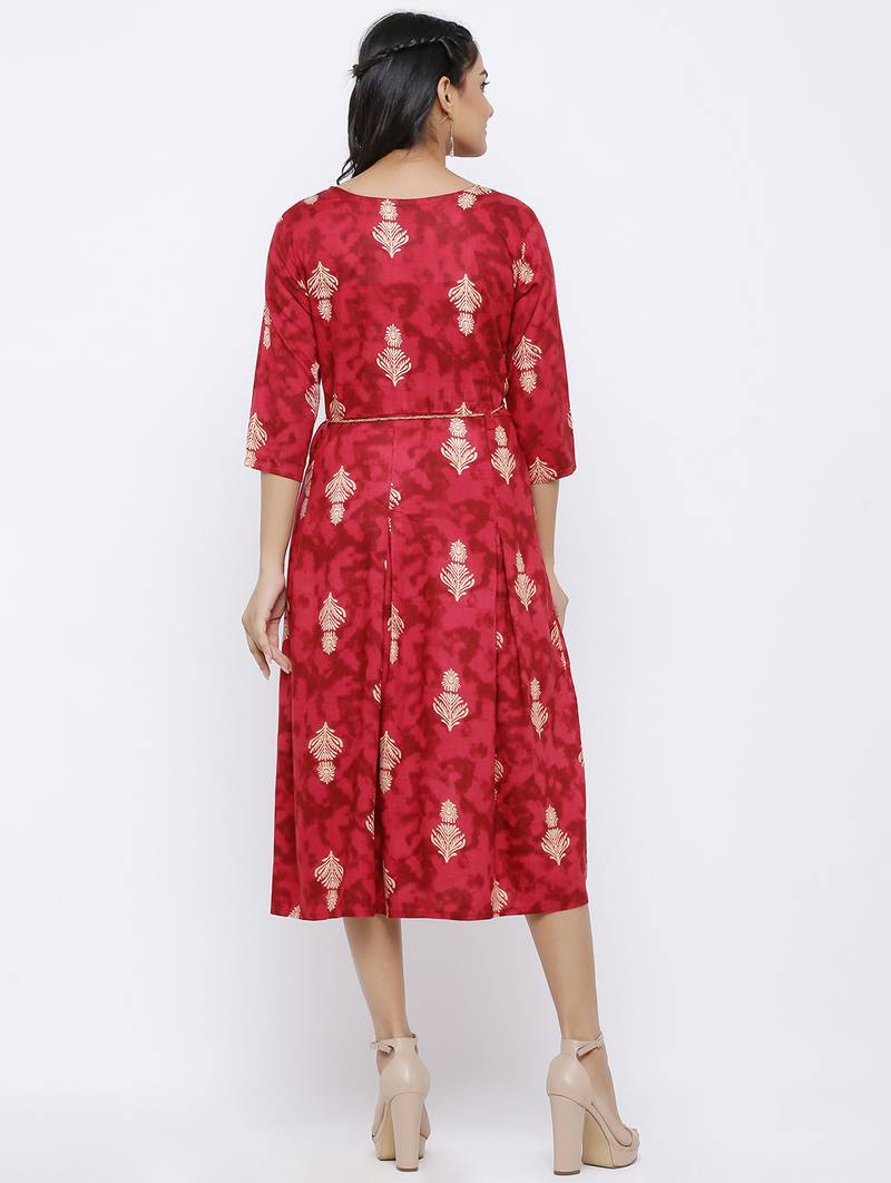 Women's Rayon Printed A-line Kurta Dress (Red)