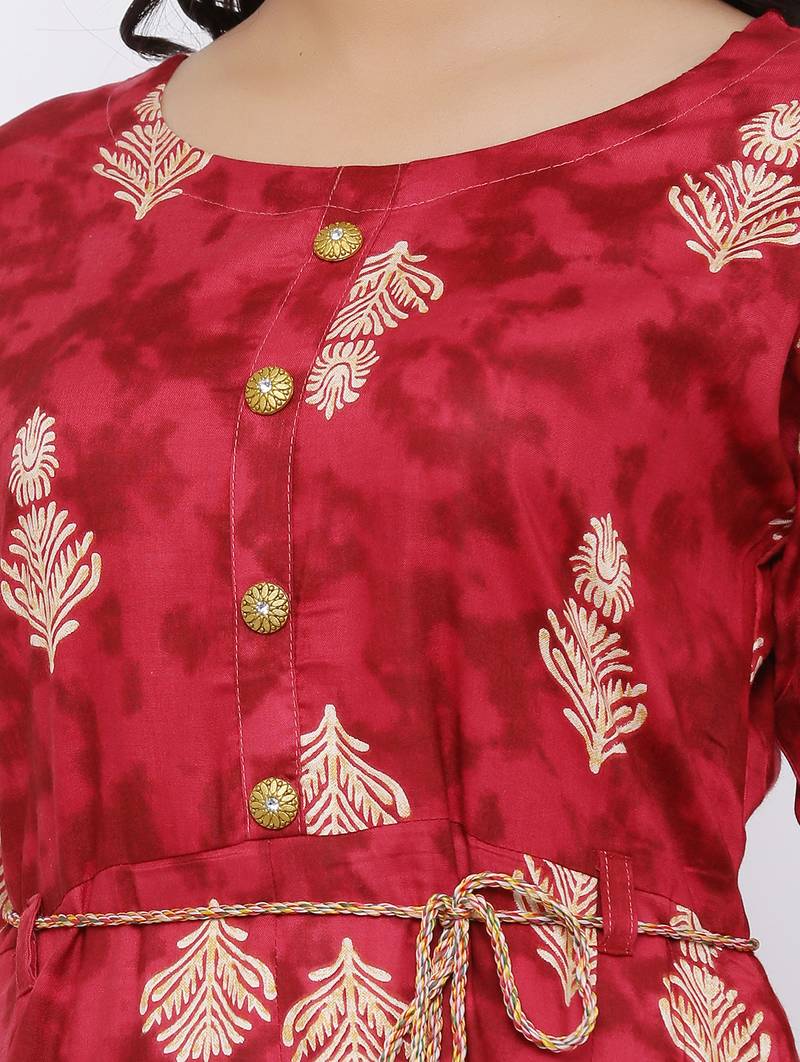 Women's Rayon Printed A-line Kurta Dress (Red)