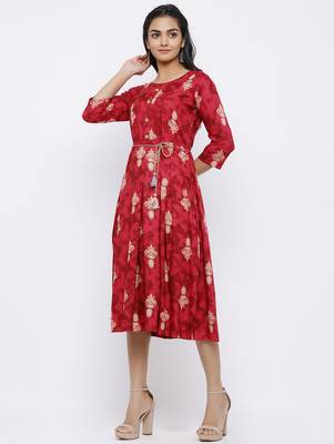 Women's Rayon Printed A-line Kurta Dress (Red) 4