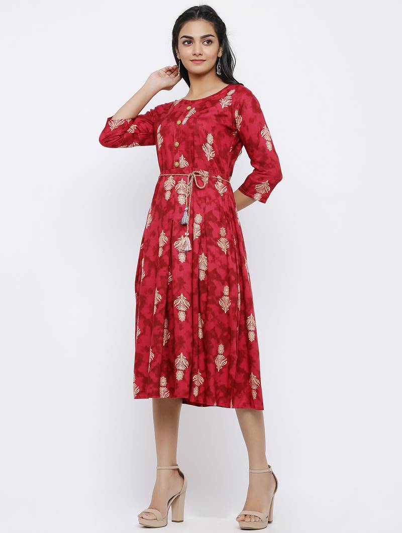 Women's Rayon Printed A-line Kurta Dress (Red)
