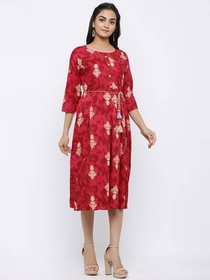 Women's Rayon Printed A-line Kurta Dress (Red) 5