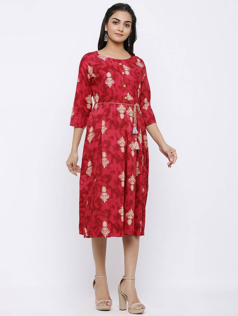 Women's Rayon Printed A-line Kurta Dress (Red)