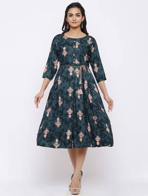 Women's Rayon Printed A-Line Short Dress (Grey) 1