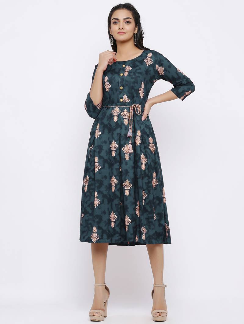 Women's Rayon Printed A-Line Short Dress (Grey)