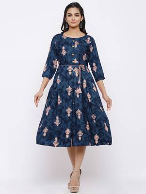 Women's Rayon Printed A-Line Short Dress (Grey) 1