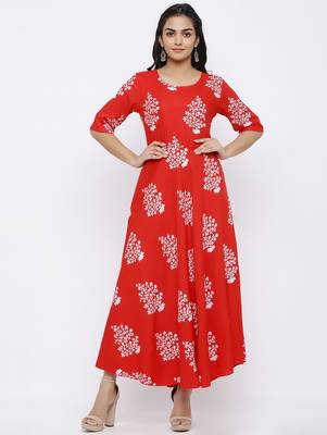 Women's Rayon Floral Printed Flared Kurta Dress (Red) 1
