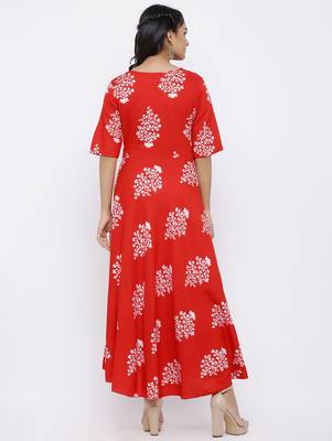Women's Rayon Floral Printed Flared Kurta Dress (Red) 2