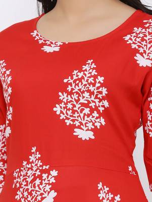 Women's Rayon Floral Printed Flared Kurta Dress (Red) 3