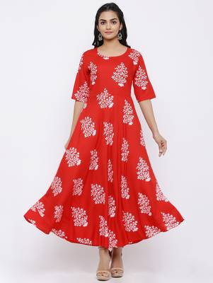 Women's Rayon Floral Printed Flared Kurta Dress (Red) 4