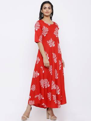 Women's Rayon Floral Printed Flared Kurta Dress (Red) 5