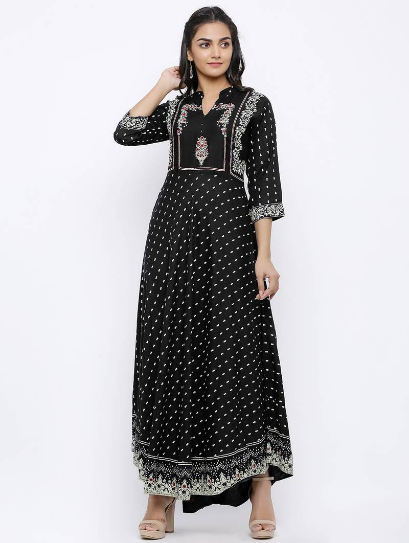 Women's Rayon Printed Flared Gown (Black)