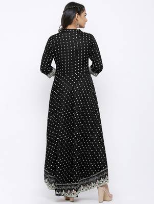 Women's Rayon Printed Flared Gown (Black) 2