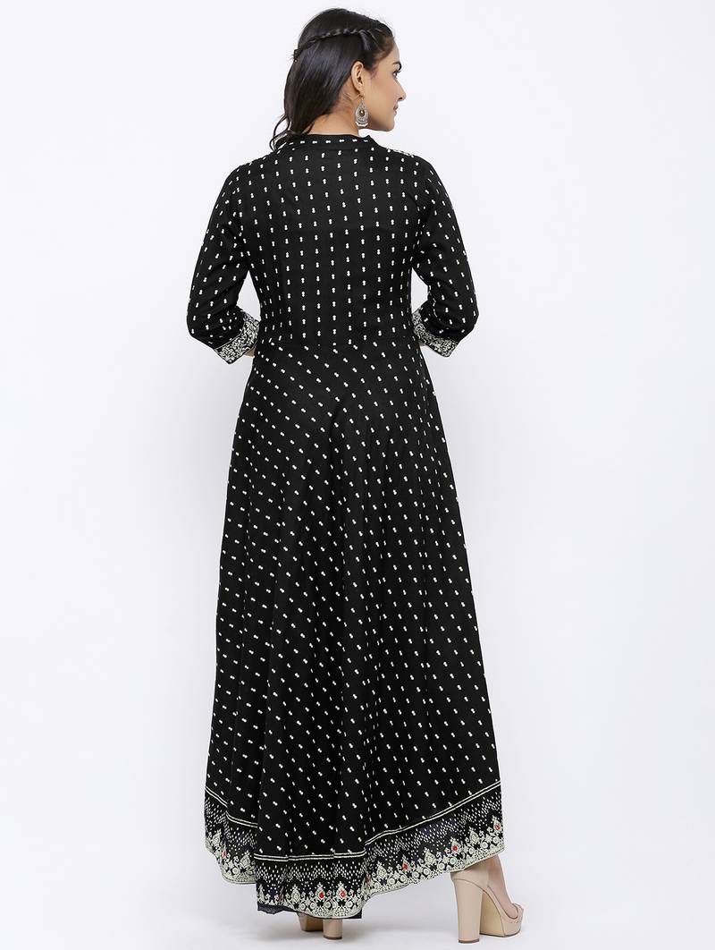 Women's Rayon Printed Flared Gown (Black)