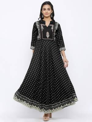Women's Rayon Printed Flared Gown (Black) 4
