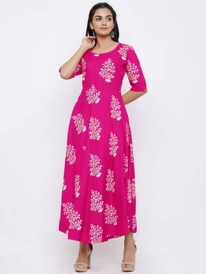Women's Rayon Printed Flared Gown (Pink) 1
