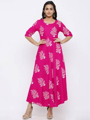 Women's Rayon Printed Flared Gown (Pink) 2