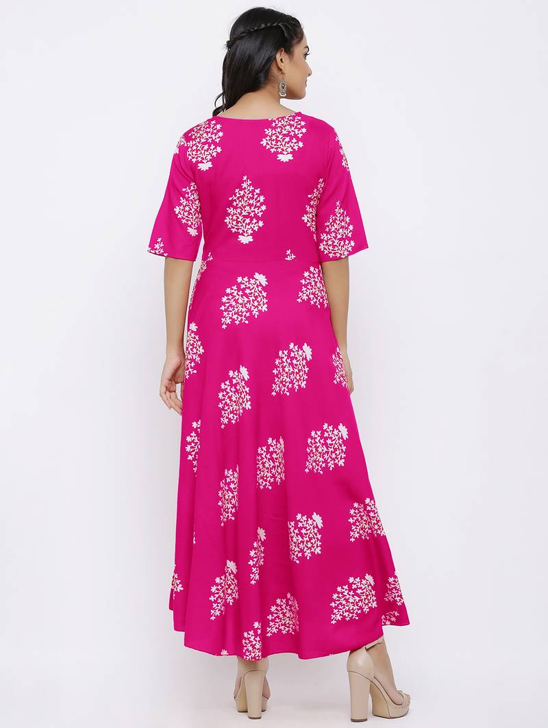 Women's Rayon Printed Flared Gown (Pink)