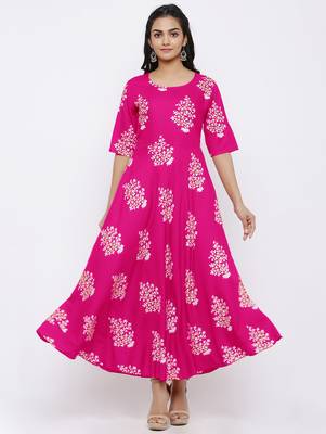 Women's Rayon Printed Flared Gown (Pink) 4